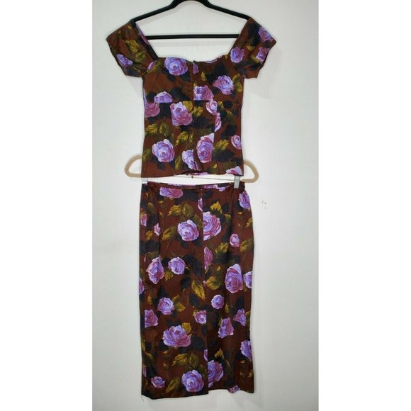 Karen Millen 14/12 2 Piece Skirt Set Purple Floral Baby Doll Top Pencil Skirt - Picture 3 of 5